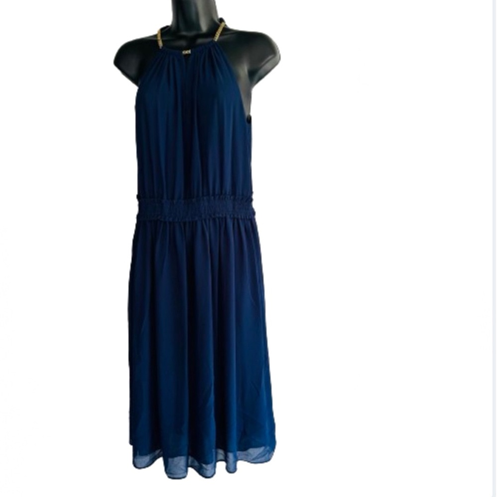 Michael Michael Kors NWT Womens Hayden Gold Chain Neck A-Line True Navy Dress 6